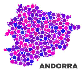 Mosaic Andorra map isolated on a white background. Vector geographic abstraction in pink and violet colors. Mosaic of Andorra map combined of random round points.