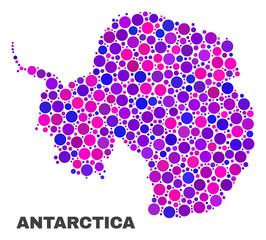 Mosaic Antarctica continent map isolated on a white background. Vector geographic abstraction in pink and violet colors. Mosaic of Antarctica continent map combined of scattered round points.