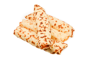 Pancakes with curd isolated on white background.