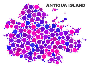 Mosaic Antigua Island map isolated on a white background. Vector geographic abstraction in pink and violet colors. Mosaic of Antigua Island map combined of scattered round points.