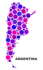 Mosaic Argentina map isolated on a white background. Vector geographic abstraction in pink and violet colors. Mosaic of Argentina map combined of random circle points.