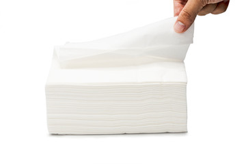 Female hand pulling white paper napkin  on white background. Isolated and clipping path.- Image