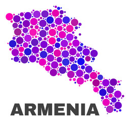 Mosaic Armenia map isolated on a white background. Vector geographic abstraction in pink and violet colors. Mosaic of Armenia map combined of random circle dots.