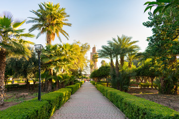 Fototapeta premium Walkway at Parc Lalla Hasna in Marrakech Morocco with Koutoubia Mosque in the background