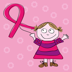 Smiling positive girl holding breast cancer ribbon balloon