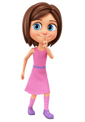 Character cartoon girl quietly goes on a white background. 3d rendering. Illustration for advertising.