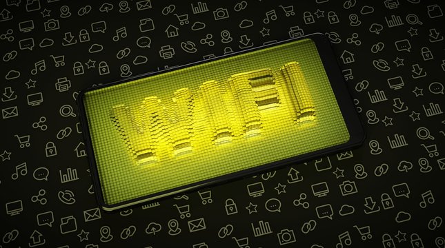 Smartphone with the word "wifi" coming out of the screen as pixels. Yellow neon version.