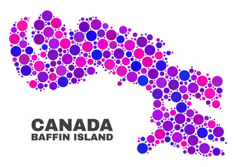 Mosaic Baffin Island map isolated on a white background. Vector geographic abstraction in pink and violet colors. Mosaic of Baffin Island map combined of random circle dots.