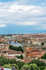 Panaromic view of Florence townscape cityscape viewed from Piazzale Michelangelo (Michelangelo Square) with ponte Vecchio