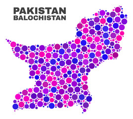 Mosaic Balochistan Province map isolated on a white background. Vector geographic abstraction in pink and violet colors. Mosaic of Balochistan Province map combined of scattered circle elements.