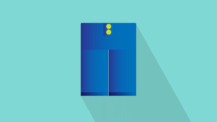 Flat illustration of blue jeans with yellow button in green background.