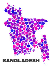 Mosaic Bangladesh map isolated on a white background. Vector geographic abstraction in pink and violet colors. Mosaic of Bangladesh map combined of scattered round items.