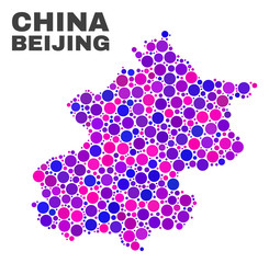 Mosaic Beijing City map isolated on a white background. Vector geographic abstraction in pink and violet colors. Mosaic of Beijing City map combined of random round dots.