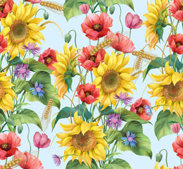 Flowers and ears. Sunflower, cornflower, poppy and barley seamless background pattern. Version 4