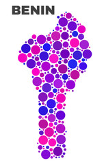 Mosaic Benin map isolated on a white background. Vector geographic abstraction in pink and violet colors. Mosaic of Benin map combined of random spheric points.