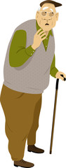 Elderly man standing with a cane, listening attentively and looks worried, EPS 8 vector illustration
