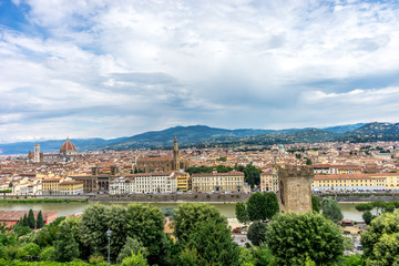 Fototapeta na wymiar Panaromic view of Florence with Basilica Santa Croce and City gate of San Niccolo and Duomo viewed from Piazzale Michelangelo (Michelangelo Square)