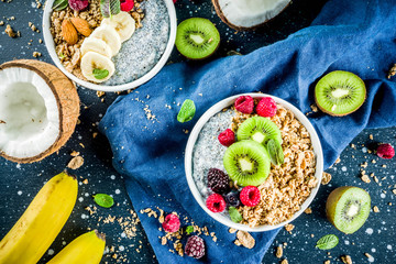 Granola with chia seeds yogurt, fresh fruit and berries