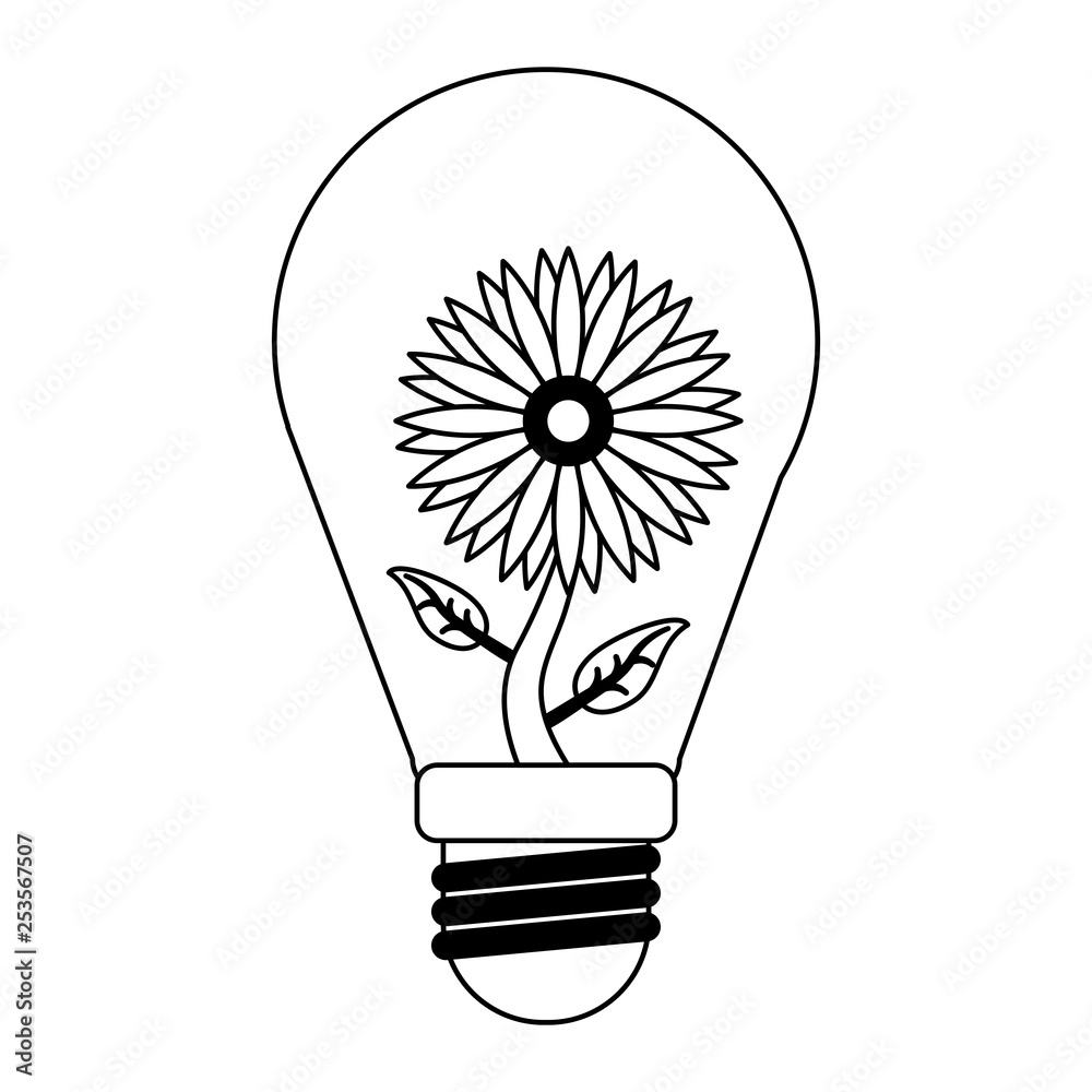 Poster bulb light sunflower symbol in black and white