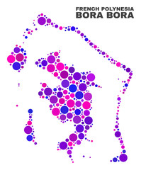 Mosaic Bora-Bora map isolated on a white background. Vector geographic abstraction in pink and violet colors. Mosaic of Bora-Bora map combined of random spheric dots.