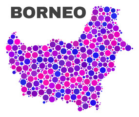 Mosaic Borneo map isolated on a white background. Vector geographic abstraction in pink and violet colors. Mosaic of Borneo map combined of scattered circle elements.