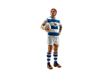 The silhouette of one caucasian rugby man player isolated on white background. Studio shot of fit man in motion or movement with ball. Jump and action concept. an incredible strain of all forces