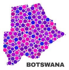 Mosaic Botswana map isolated on a white background. Vector geographic abstraction in pink and violet colors. Mosaic of Botswana map combined of random circle dots.