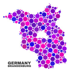 Mosaic Brandenburg Land map isolated on a white background. Vector geographic abstraction in pink and violet colors. Mosaic of Brandenburg Land map combined of scattered round elements.