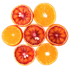 Cut of blood orange and mandarin isolated top view