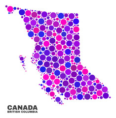 Mosaic British Columbia map isolated on a white background. Vector geographic abstraction in pink and violet colors. Mosaic of British Columbia map combined of scattered spheric elements.