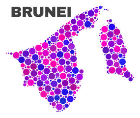 Mosaic Brunei map isolated on a white background. Vector geographic abstraction in pink and violet colors. Mosaic of Brunei map combined of scattered circle dots.