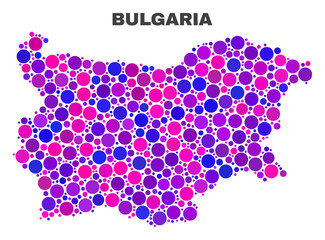 Mosaic Bulgaria map isolated on a white background. Vector geographic abstraction in pink and violet colors. Mosaic of Bulgaria map combined of random circle items.