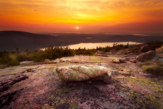 Rocks and Sunset on top of Cadillac Mountain. Acadia National Park.