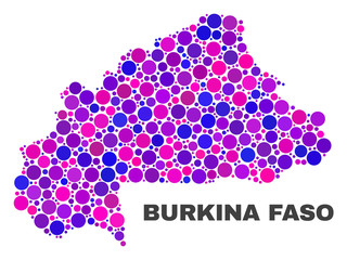 Mosaic Burkina Faso map isolated on a white background. Vector geographic abstraction in pink and violet colors. Mosaic of Burkina Faso map combined of random spheric dots.