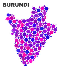 Mosaic Burundi map isolated on a white background. Vector geographic abstraction in pink and violet colors. Mosaic of Burundi map combined of scattered circle dots.