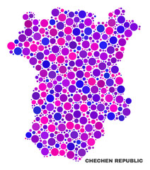 Mosaic Chechen Republic map isolated on a white background. Vector geographic abstraction in pink and violet colors. Mosaic of Chechen Republic map combined of scattered circle elements.
