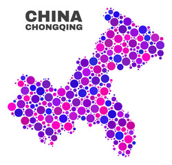 Mosaic Chongqing City map isolated on a white background. Vector geographic abstraction in pink and violet colors. Mosaic of Chongqing City map combined of random circle dots.