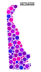 Mosaic Delaware State map isolated on a white background. Vector geographic abstraction in pink and violet colors. Mosaic of Delaware State map combined of scattered circle dots.
