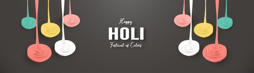 Obraz premium Happy Holi, Festival of Colors. Template element design for template, banner, poster, greeting card. Vector illustration in paper cut, craft, origami type with flat lay style.