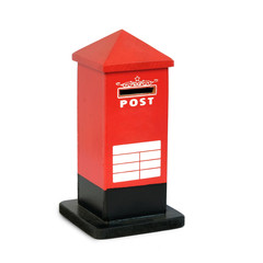 Piggy bank or red post box shaped money box. traditional souvenirs for tourist. This has clipping path.
