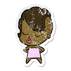 distressed sticker of a cartoon pretty hipster girl