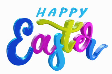 Fototapeta premium 3d illustration Happy Easter in blue, purple light blue and yellow color