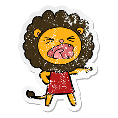 distressed sticker of a cartoon angry lion in dress