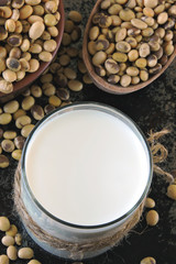 Keto drinks. Soy milk and soybeans. Keto diet. Vegan milk.