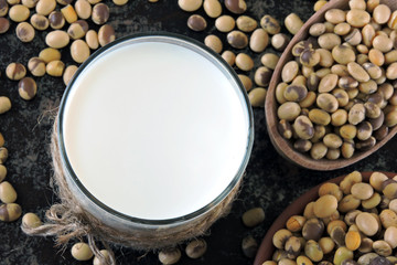 Keto drinks. Soy milk and soybeans. Keto diet. Vegan milk.