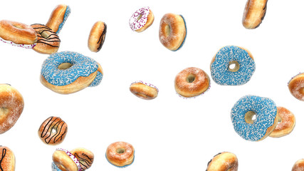 3d render Falling donuts with on a white background