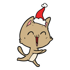 happy line drawing of a cat meowing wearing santa hat