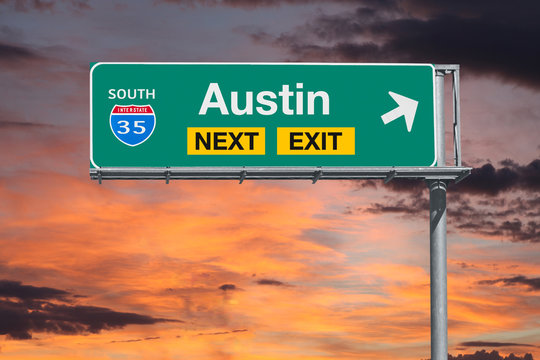 Austin Texas Route 35 Freeway Next Exit Sign With Sunset Sky.