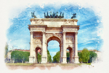 Fototapeta premium Arch of Peace in Sempione Park watercolor painting, Milan, Italy