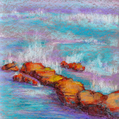 Abstract seaside landscape with waves  drawing by pastel